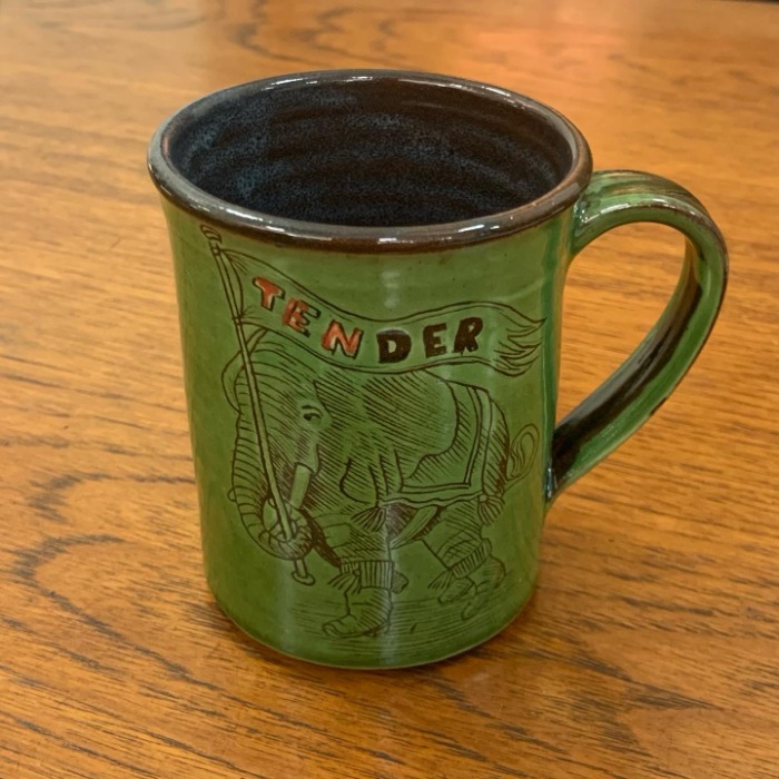 Tender &amp; Co. Sgraffito Coffee Mug Ten Years Elephant Green
