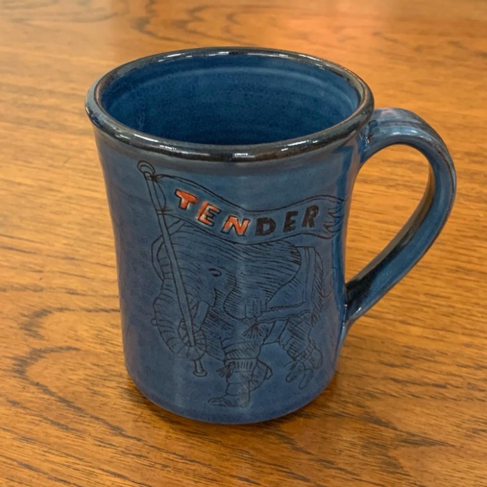 Tender &amp; Co. Sgraffito Coffee Mug Ten Years Elephant Blue