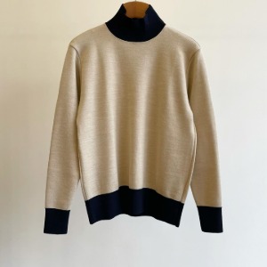 Haversack 14G Wool High Neck Sweater Beige / Navy